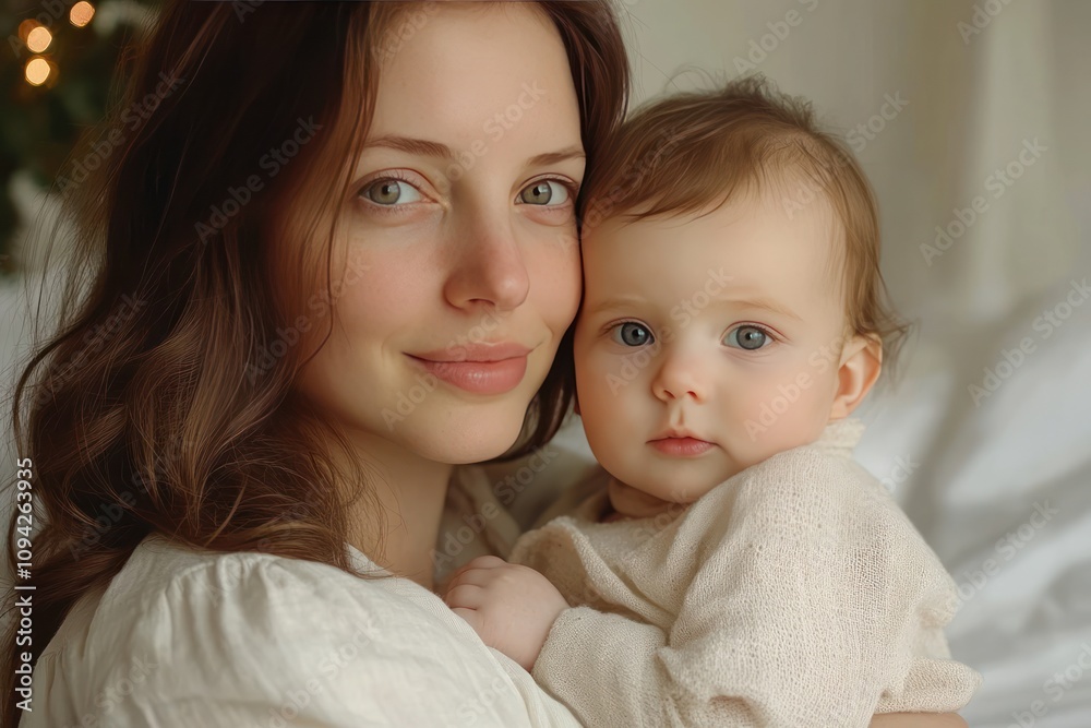 happy caucasian woman with a baby at home before christmas. festive lifgts on tree on background happy caucasian woman with a baby at home before christmas. festive lifgts on tree on background
