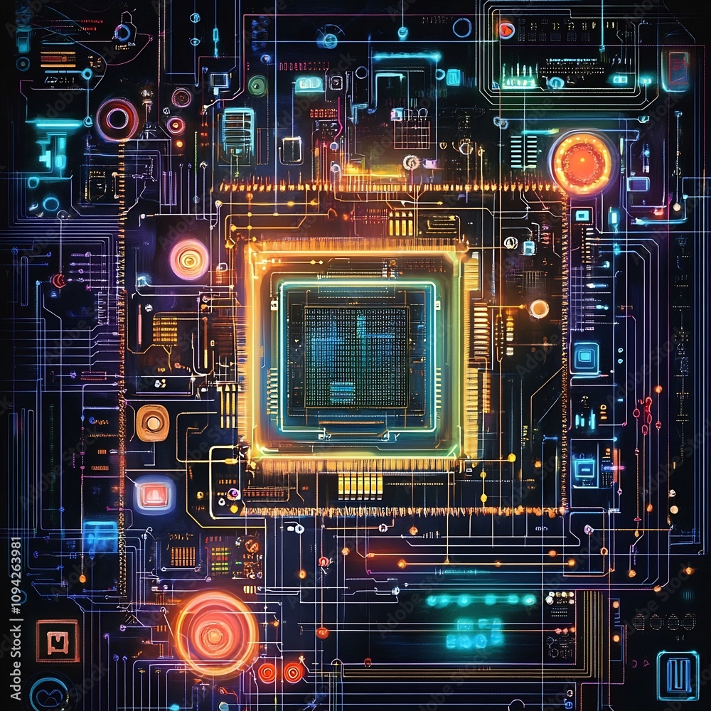 Digital Blueprint Microchip, Futuristic Microchip Blueprint with Neon Highlights and Dark Backdrop Digital Blueprint Microchip, Futuristic Microchip Blueprint with Neon Highlights and Dark Backdrop