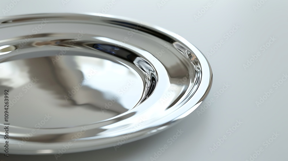 A silver dinner plate with a smooth reflective finish, positioned on a white surface. A silver dinner plate with a smooth reflective finish, positioned on a white surface.