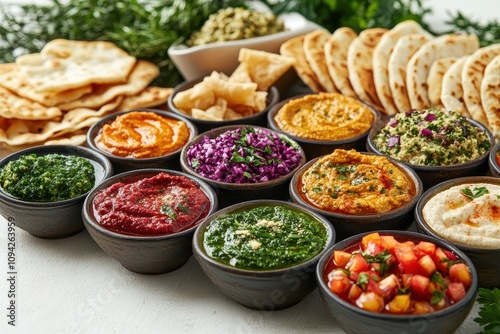 Assorted dips and flatbreads. Perfect for showcasing Mediterranean cuisine or a vibrant appetizer spread. photo