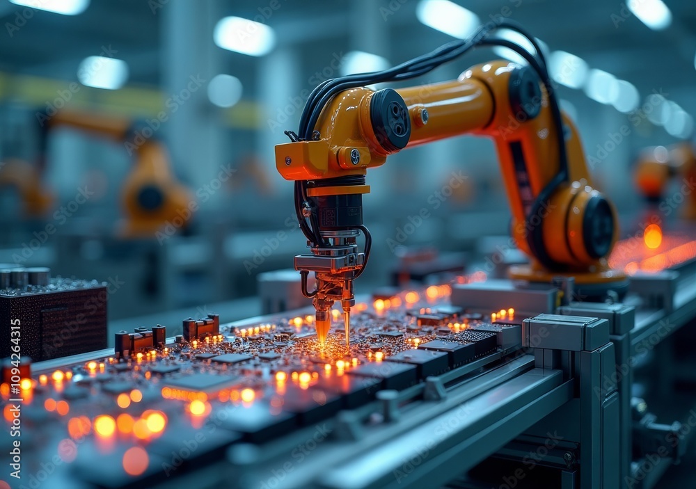 Robotic arm assembling electronic components on a production line in a modern factory Robotic arm assembling electronic components on a production line in a modern factory