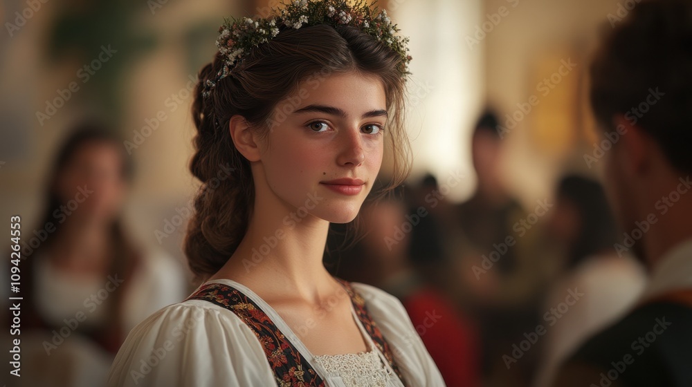 A young Austrian woman in traditional folk attire gazes thoughtfully during a cultural ceremony A young Austrian woman in traditional folk attire gazes thoughtfully during a cultural ceremony
