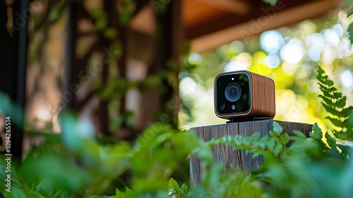 Surveillance Camera Equipment Discreet Wireless Home Security Guarding a Rustic Porch Entrance with Lush Greenery
