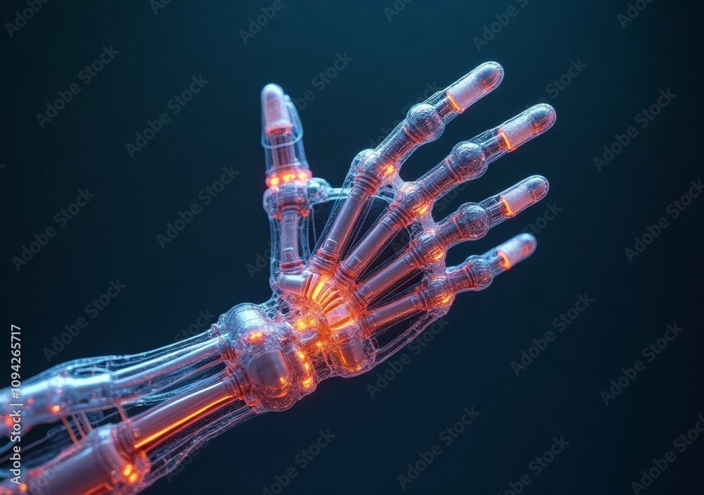 Robotic hand showcasing intricate design and luminescent features in a dark environment Robotic hand showcasing intricate design and luminescent features in a dark environment