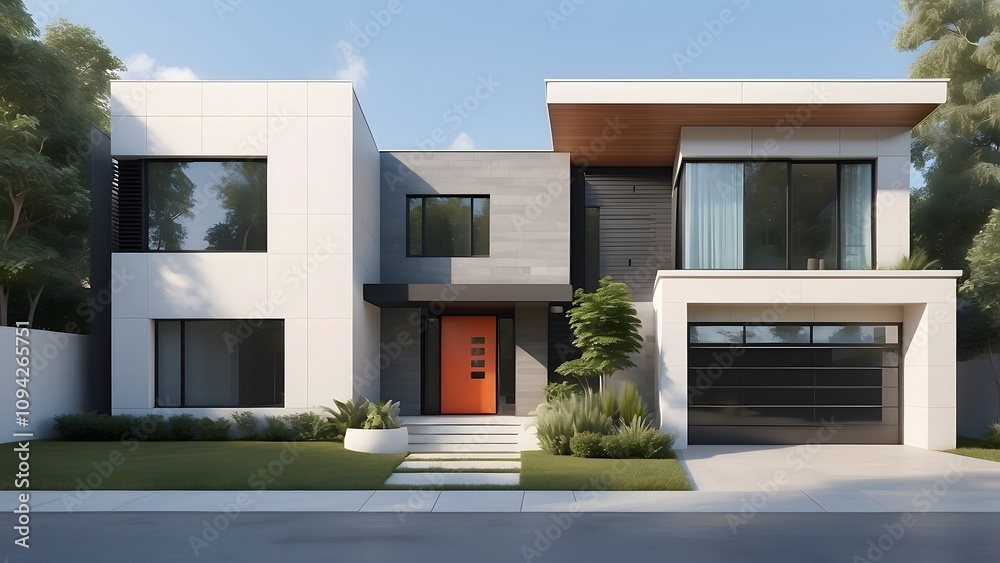 Front elevation of a contemporary house, from a minimalist design with clean lines to a bold and colourful facade with geometric shapes, with a big lawn in front of the house
