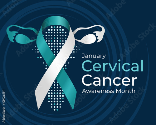 Cervical Cancer Awareness Month - Teal white ribbon awareness sign with uterine and dot texture on dark blue background vector design