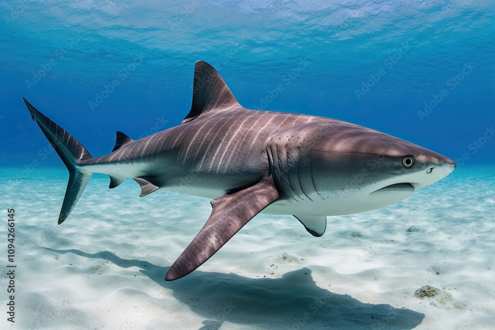 Naklejka premium Powerful Hammerhead Shark Swimming Dominantly Across a Bright White Field
