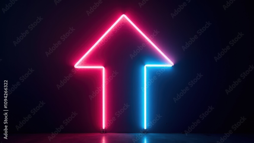 Neon arrow up signage illuminating a matte black wall, combining sleek modern design with vibrant lighting effects.