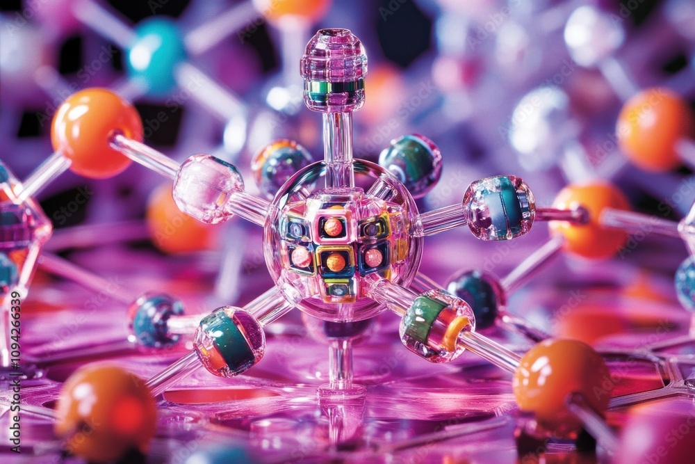 Fototapeta premium Abstract colorful molecular structure model with vibrant spheres and translucent rods on a pink surface.