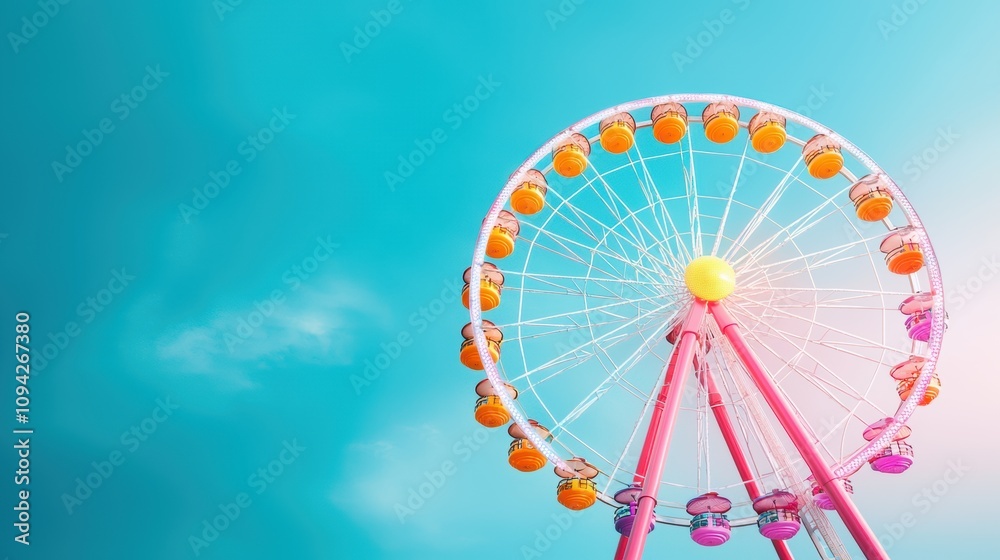 Fototapeta premium A Ferris wheel stands tall against the night sky, its brightly colored lights painting the darkness, while the city lights twinkle below.