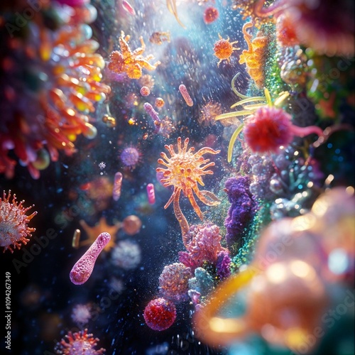 digestive health. 3D illustration of diversity of observed under a microscope. photo