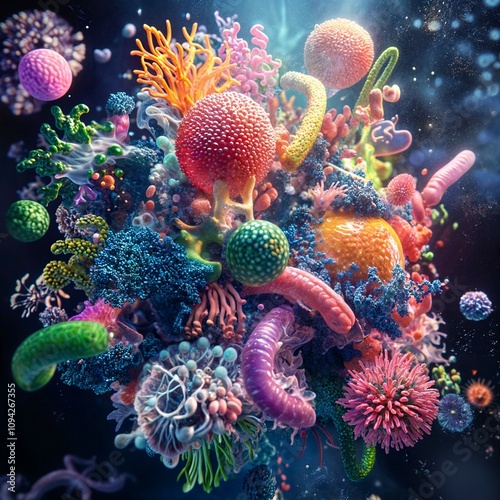 gut health and well-being. 3D illustration of gut microbiota diversity.