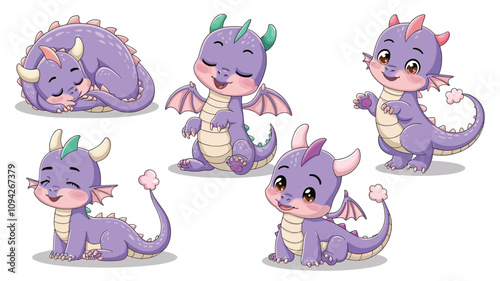 A collection of cute and adorable anime-style dragons in various playful poses, vector illustration 