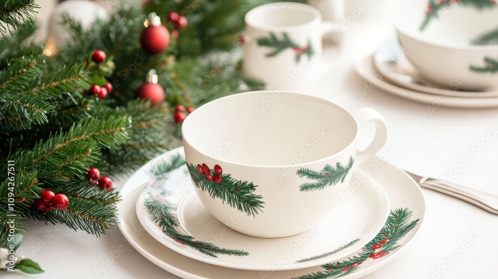 Fototapeta premium Close-up of festive Christmas holiday tableware set for a joyful family reunion celebration.