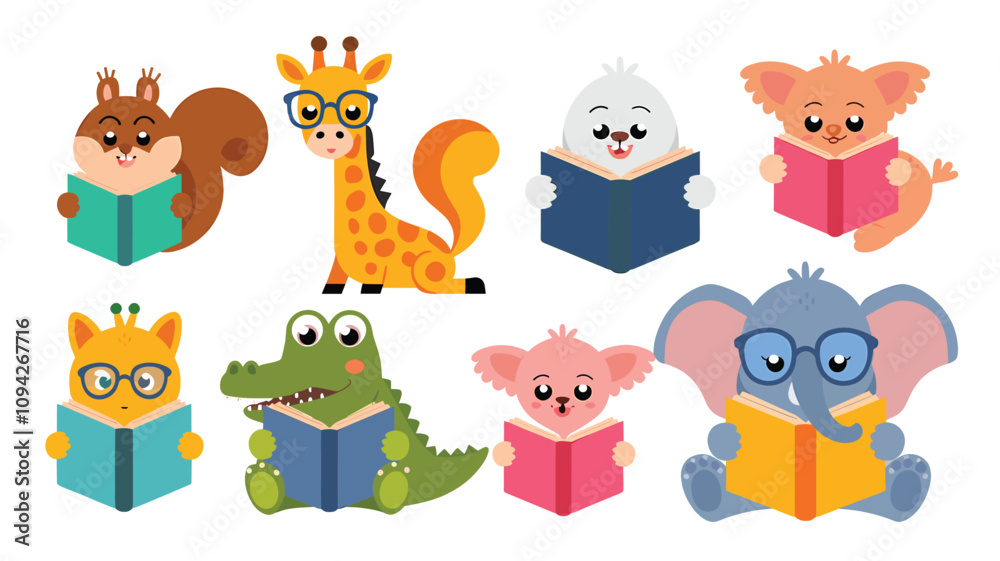Obraz premium set of cute cartoon animals and birds reading books ,vector illustration 