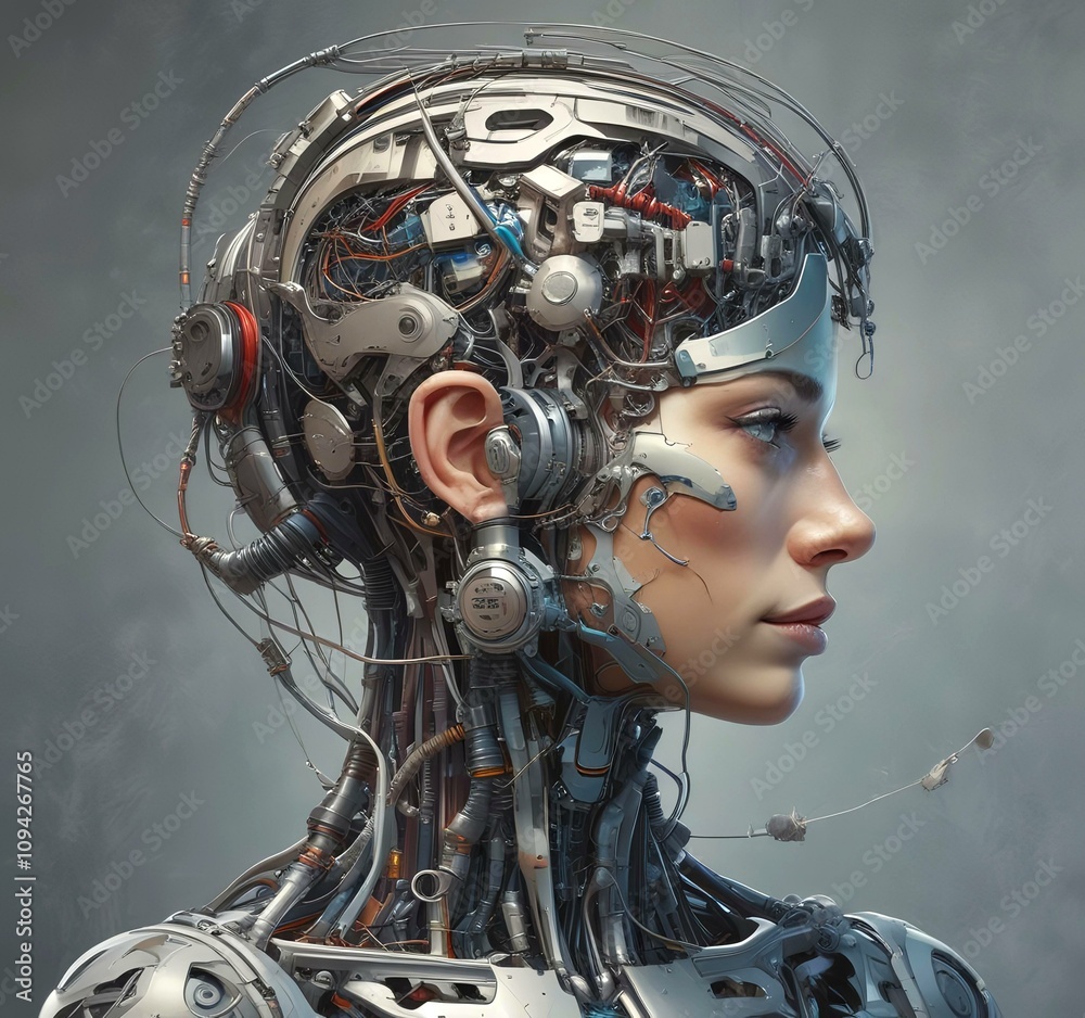 Technology illustration of cyborg with brain connections. Technology illustration of cyborg with brain connections.