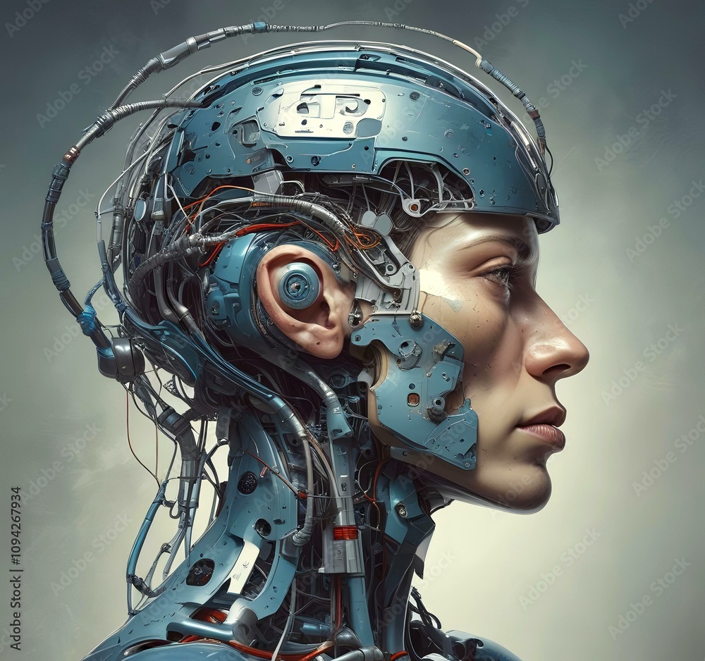 Technology illustration of cyborg with brain connections. Technology illustration of cyborg with brain connections.