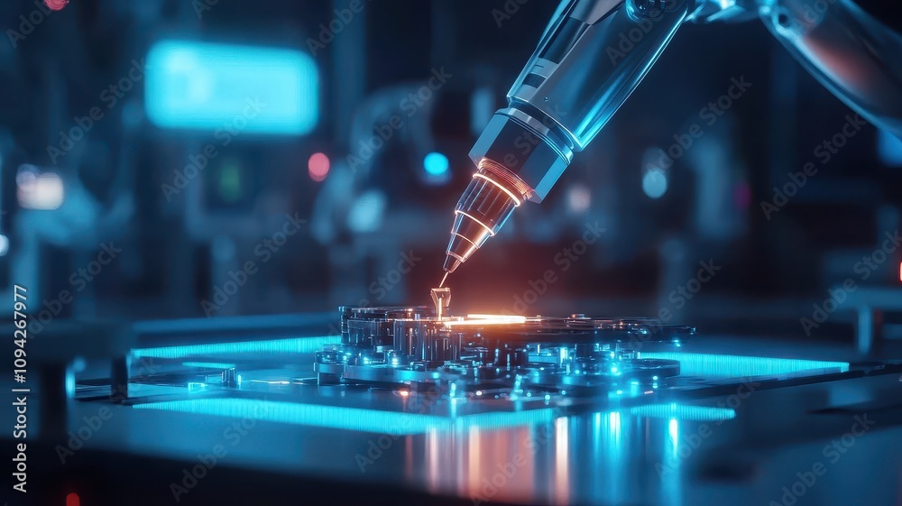Automated robotic arms in a corporate industry setting efficiently assembling cars on a modern production line. Automated robotic arms in a corporate industry setting efficiently assembling cars on a modern production line.