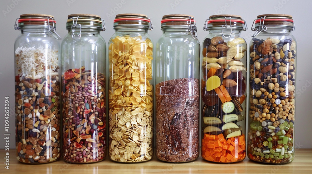 A set of DIY storage jars made from recycled plastic bottles, keeping your pantry essentials fresh and organized. A set of DIY storage jars made from recycled plastic bottles, keeping your pantry essentials fresh and organized.