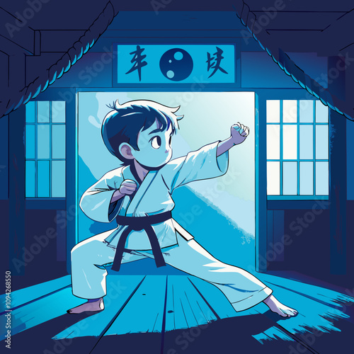 Boy practicing martial arts with determination in a dojo setting