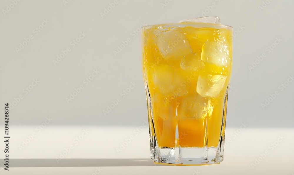 A glass of iced tea with vibrant yellow tea and plenty of ice captured in a studio with a plain background