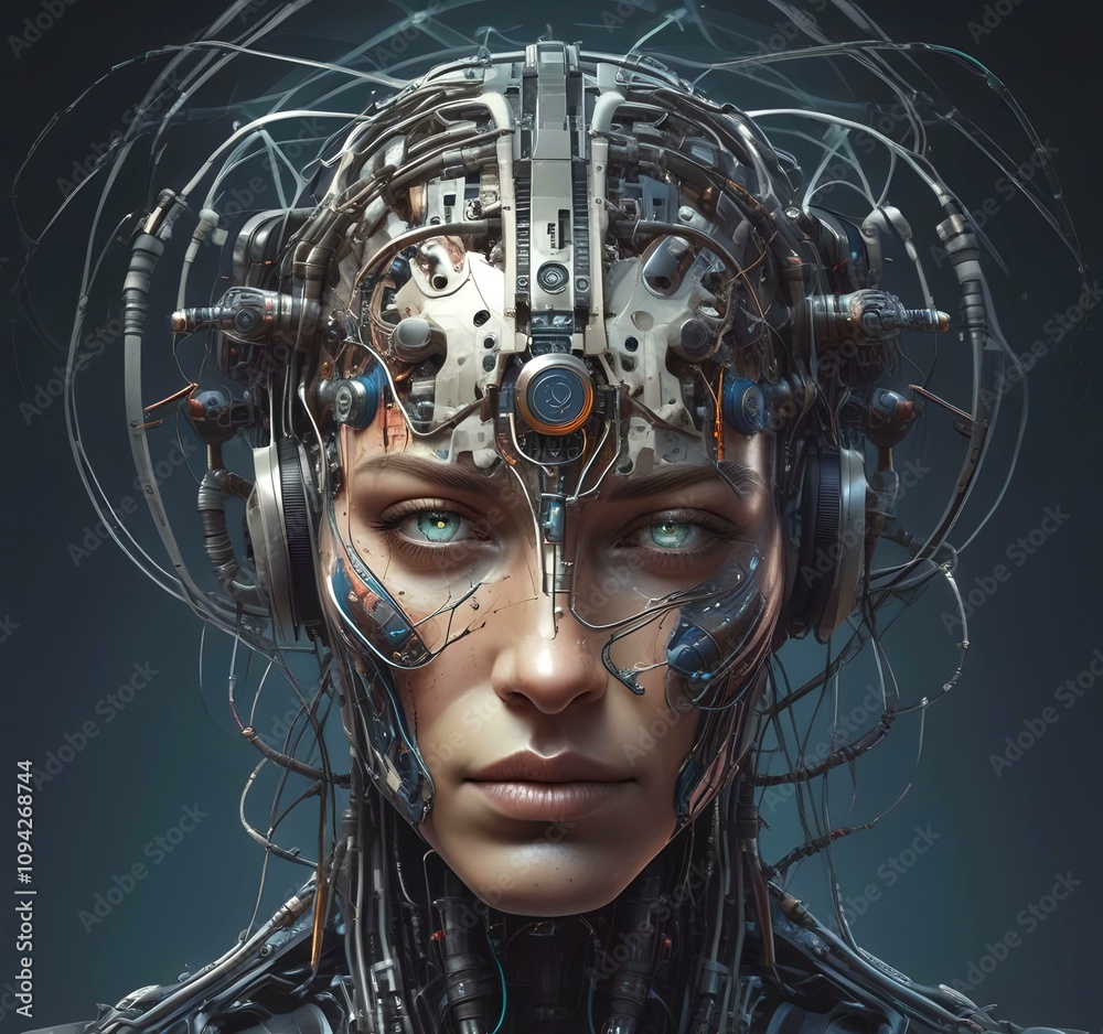 Technology illustration of cyborg with brain connections. Technology illustration of cyborg with brain connections.