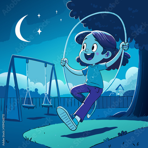 Girl jumping rope joyfully at night in a park with swings and trees