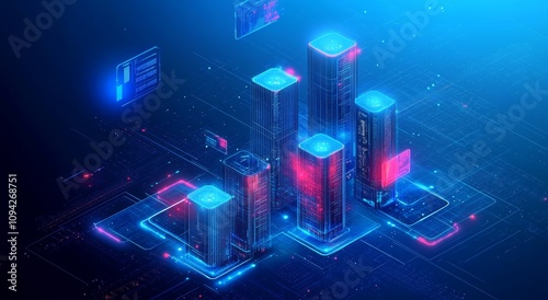 Futuristic Cyberpunk Cityscape with Holographic Networks and Glowing Skyscrapers