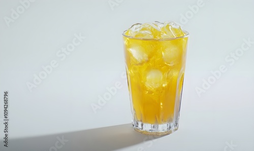 A glass of iced tea with vibrant yellow tea and plenty of ice captured in a studio with a plain background