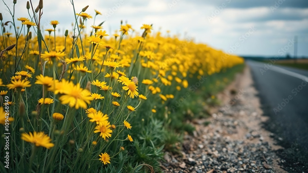 Obraz premium A picturesque field of bright yellow cornflowers lining the edge of a rural road, countryside, bloom