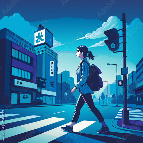 Girl crossing the street confidently in a city at night