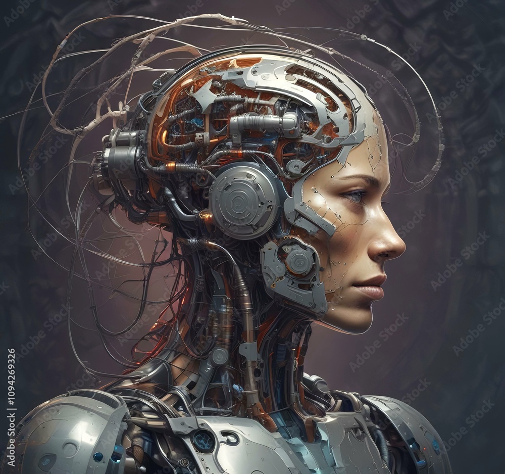 Technology illustration of cyborg with brain connections. Technology illustration of cyborg with brain connections.
