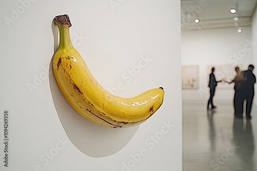 A close-up of a taped banana on a white wall, with reflections of bidders holding paddles in a luxurious auction room, blending art and wealth in a high-end auction setting. photo