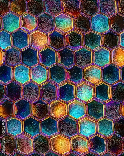 Insect compound eye microscopic pattern, hexagonal ommatidia, detailed eye structure, seamless biological texture, iridescent colors