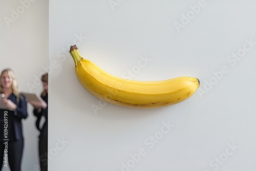 Close-up of a taped banana on a pristine white wall, with reflections of bidders holding paddles, creating an atmosphere of luxury and competition in a modern art auction room. photo