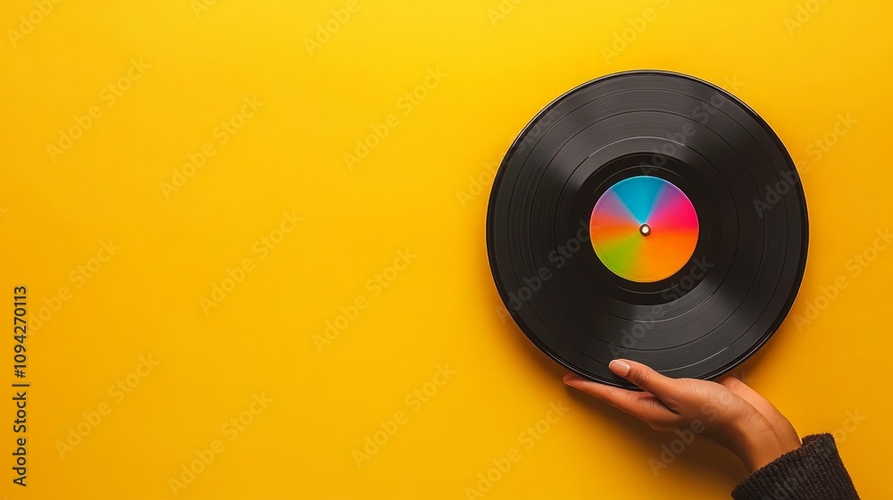 Obraz premium A hand holds a vinyl record with a colorful label against a yellow background.