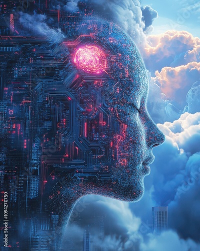A futuristic representation of artificial intelligence, merging human features with digital elements and vivid colors.