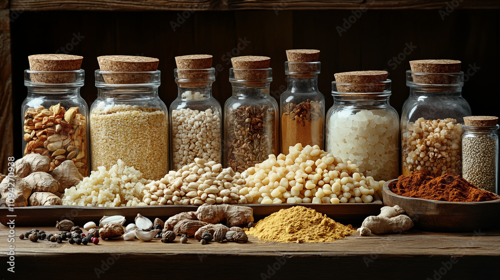 Traditional Asian spices and ingredients in glass jars Traditional Asian spices and ingredients in glass jars