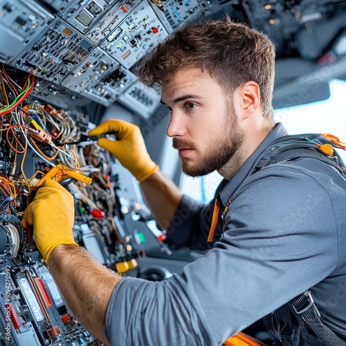 A focused technician works on complex wiring in an aircraft control panel, wearing gloves and handling tools, ensuring proper functionality.