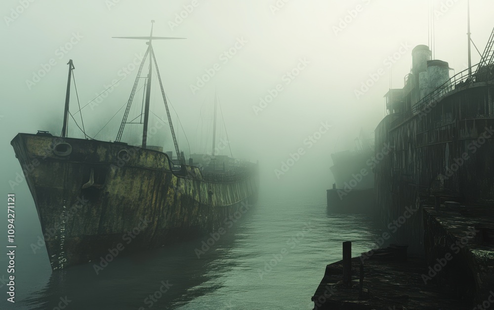 A haunting view of a ghostly ship docked in fog, creating an eerie atmosphere on the water. A haunting view of a ghostly ship docked in fog, creating an eerie atmosphere on the water.