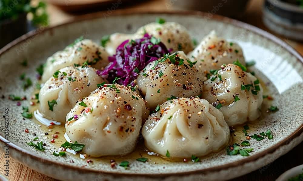 A plate of delicious dumplings garnished with herbs and spices. A plate of delicious dumplings garnished with herbs and spices.