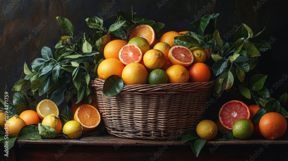 A rustic wicker basket overflowing with a vibrant assortment of citrus fruits – oranges, lemons, limes, grapefruits – surrounded by lush green leaves, arranged on a dark wooden surface. A rustic wicker basket overflowing with a vibrant assortment of citrus fruits – oranges, lemons, limes, grapefruits – surrounded by lush green leaves, arranged on a dark wooden surface.