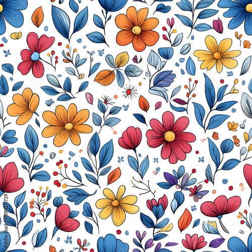 Floral flowers and beautiful colorful leaves wallpaper seamless pattern for interior decoration or background.