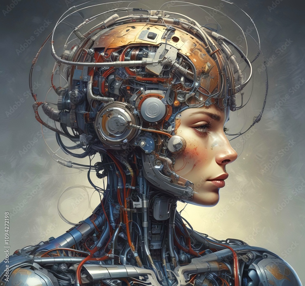 Technology illustration of cyborg with brain connections. Technology illustration of cyborg with brain connections.