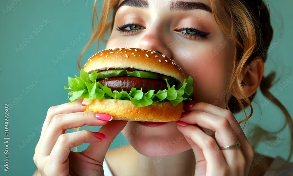 A young woman holding a delicious burger against a teal background. A young woman holding a delicious burger against a teal background.