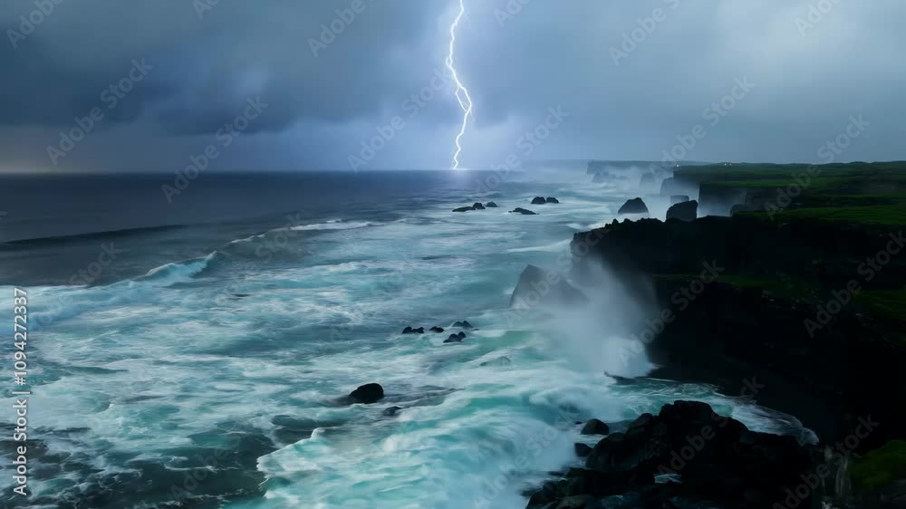 Dramatic seascape with lightning over rough ocean waves. Dramatic seascape with lightning over rough ocean waves.