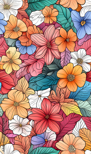 Floral flowers and beautiful colorful leaves wallpaper seamless pattern for interior decoration or background.