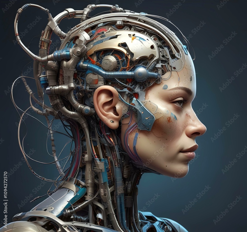 Technology illustration of cyborg with brain connections. Technology illustration of cyborg with brain connections.