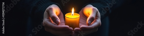 Hands cradling lit candle in dark, symbol of memory and hope