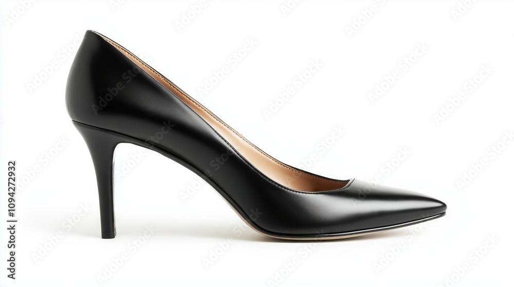 Elegant black leather high heels on a white background showcasing classic pointed toe stiletto design for fashion Elegant black leather high heels on a white background showcasing classic pointed toe stiletto design for fashion